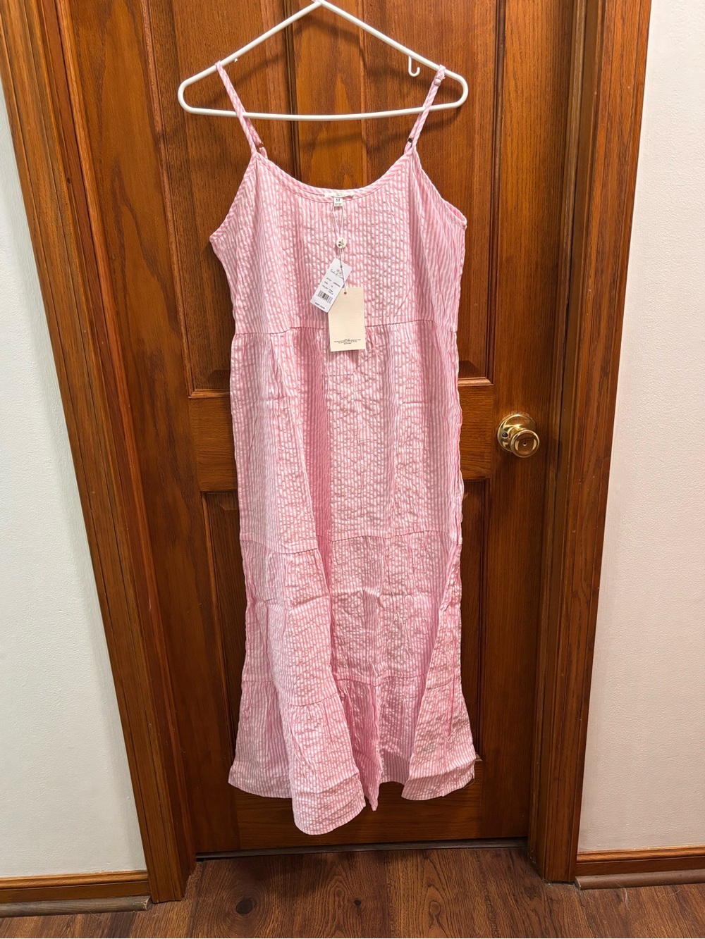 Turks and Caicos Pink White Striped Seersucker Tiered Cami Maxi Dress Sz M. NWT